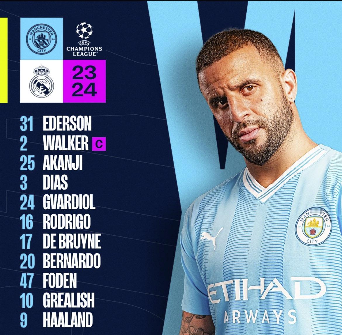 #曼城#先发：Ederson - Walker, Dias, Akanji, G
