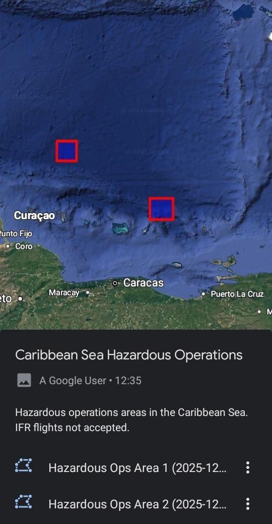 一份海事通告要求民用船舶和飞机在12月 27日至28日期间避开委内瑞拉北部的两个