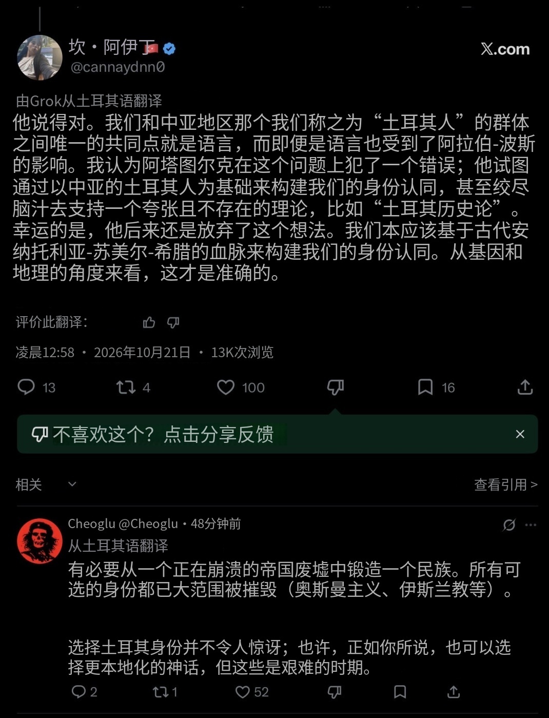 在中土网民大战中，有比较理智的土耳其左派网民意识到了：凯末尔的土耳其国族建构出了