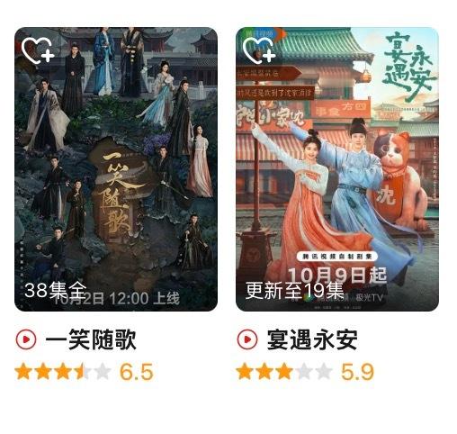 《一笑随歌》和《宴遇永安》分别开分，都是6分左右，很符合体感，以后这种质量的电视