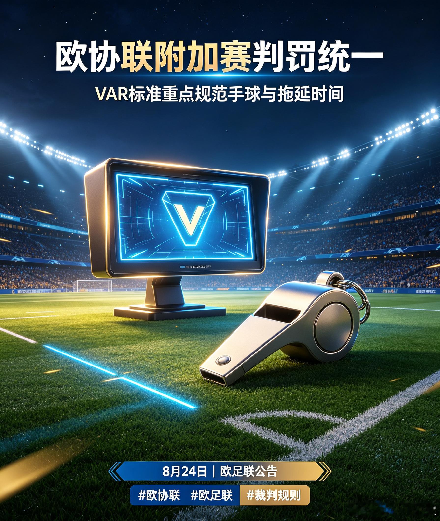 为提升判罚一致性，欧足联发布公告，欧协联附加赛次回合统一VAR标准，重点针对手球