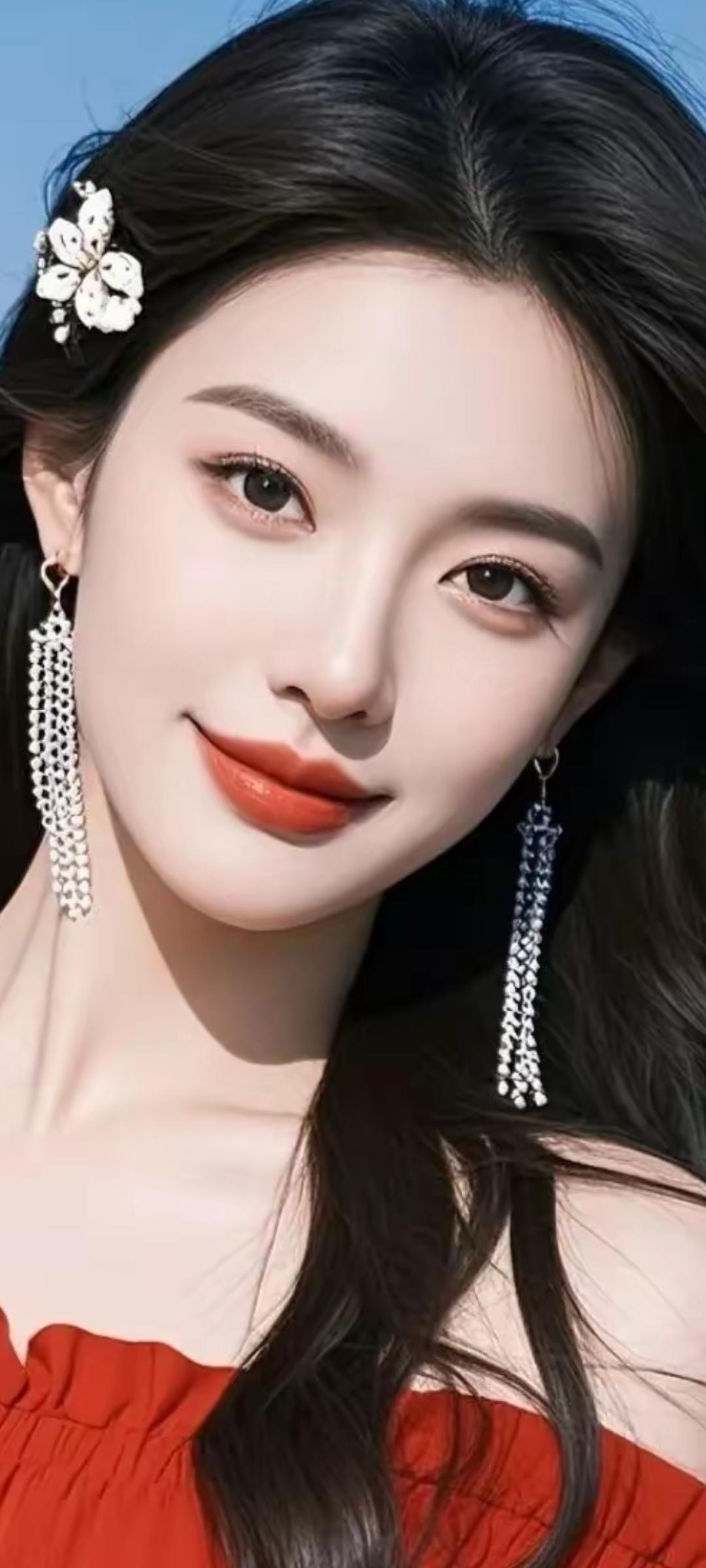 优雅红裙，闪耀耳饰，绽放迷人微笑😊