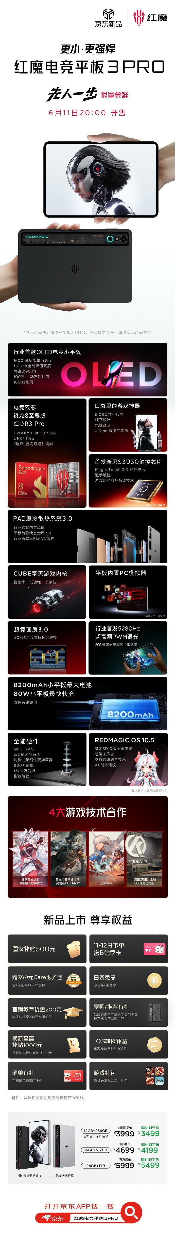 红魔电竞平板3 PRO发布会刚刚结束，给大家汇总一下：屏幕：行业首款OLED电竞