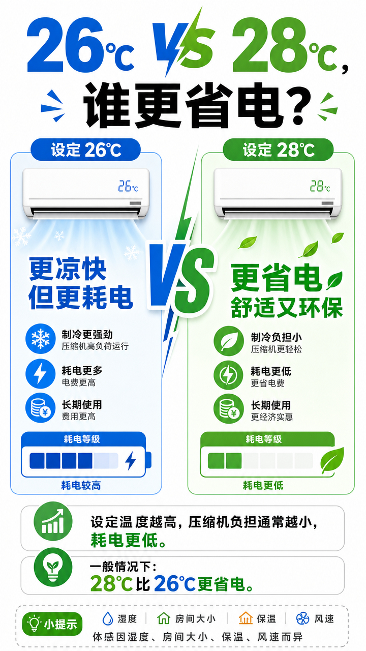 空调28度会比26度省电吗 多多少少都还是会省电点的，但是你要是在出租屋里那个5