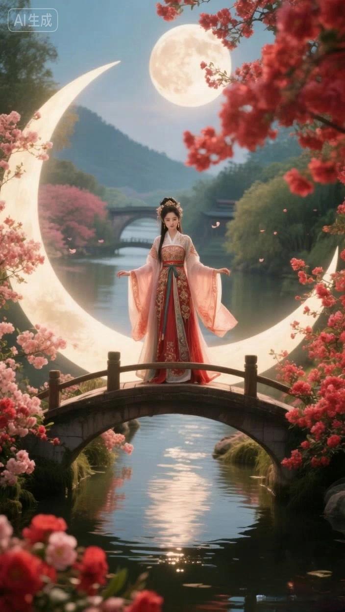 七绝●万紫千红/古韵   

月挂天空眷恋枝，
桥通两岸客相思。
莺飞燕舞春天到