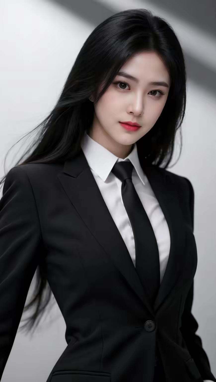 这位美女穿着黑色西装搭配白色衬衫黑领带，气场魅力十足。