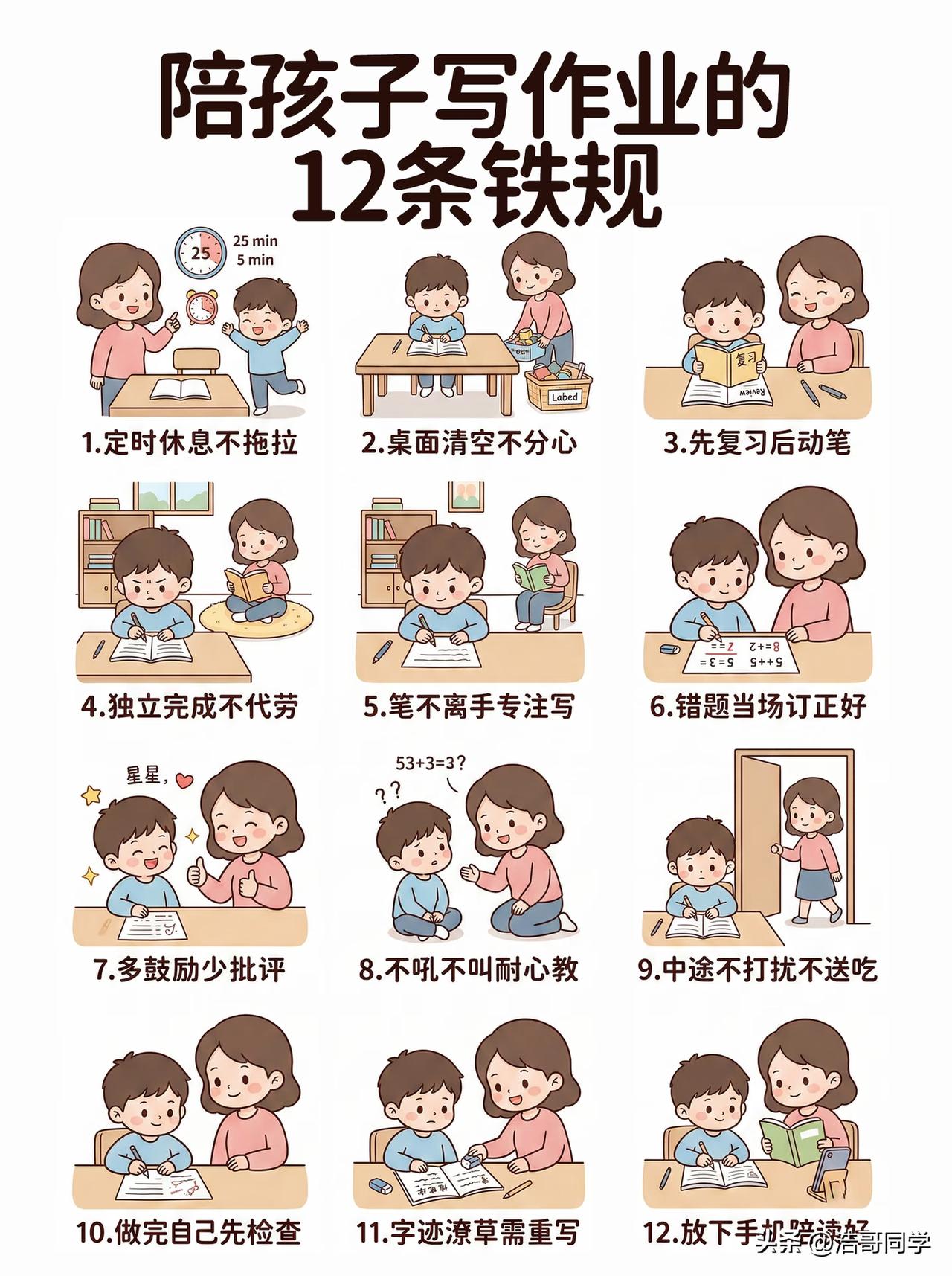 陪孩子写作业的12条铁律！
其实，家里的孩子从幼儿园刚上小学的那段时间，他们的专