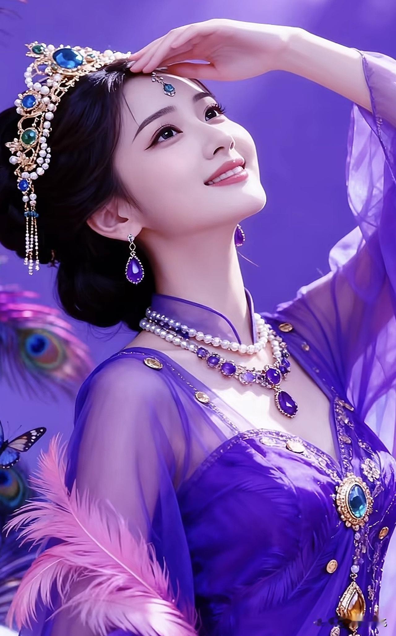 梦幻紫色仙子，头戴珠宝，身披羽毛，宛如童话中的公主。紫色梦幻少女 紫色梦幻裙 紫