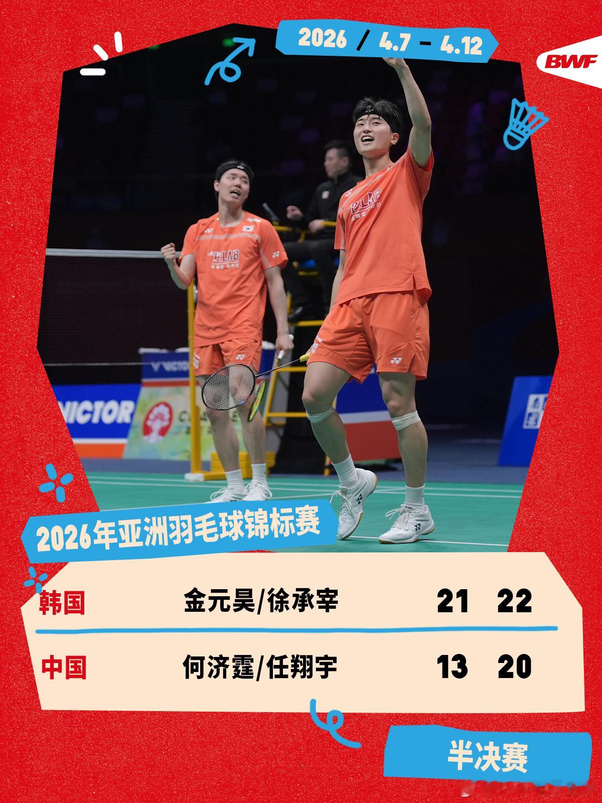 #任何组合无缘亚锦赛决赛#2026年羽毛球亚锦赛男双半决赛，何济霆/任翔宇13-