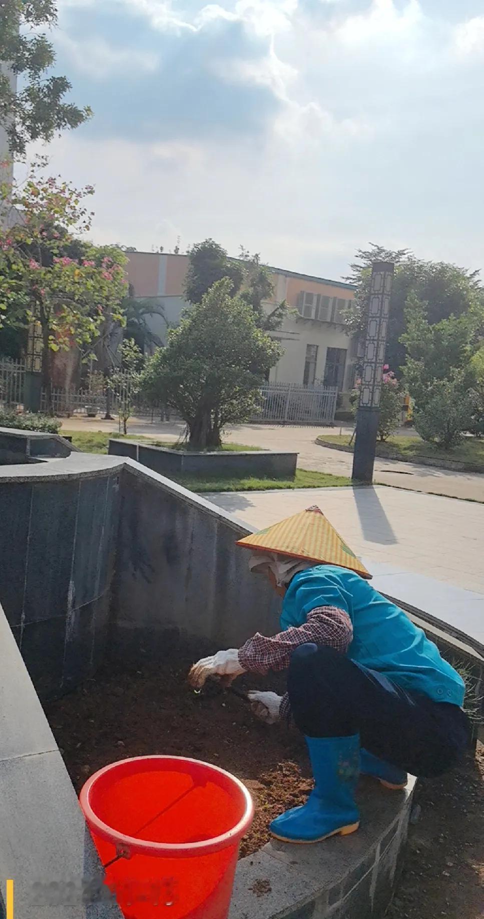 随手拍一张你所在城市的蓝天海南儋州，单位绿化工大姐在烈日下松土种花草，她一年四季