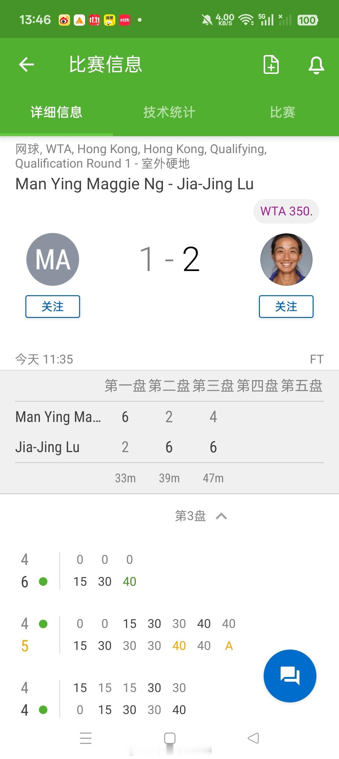 【WTA250香港🇭🇰】女单资格赛第一轮🇨🇳逯佳境2-66-26-4逆转