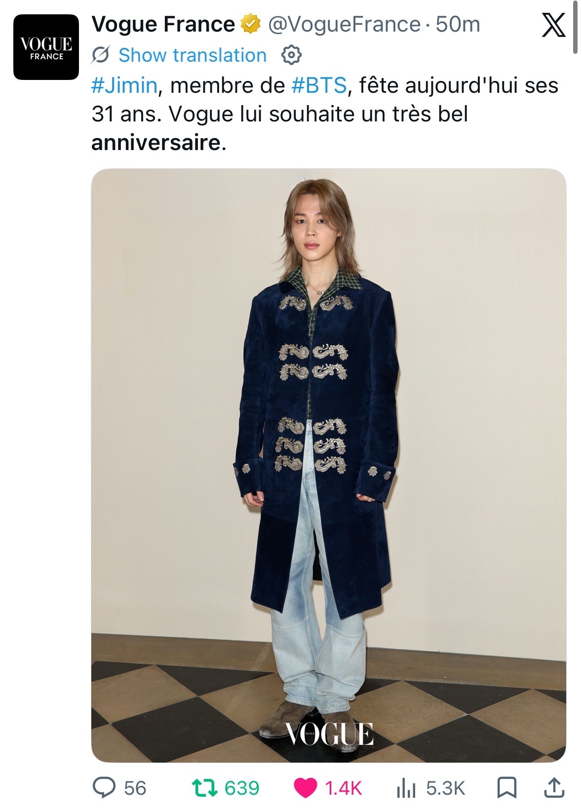 法国版VOGUE官方X专门发了一条推特为智旻庆生🎂✨“BTS成员智旻，今天迎来