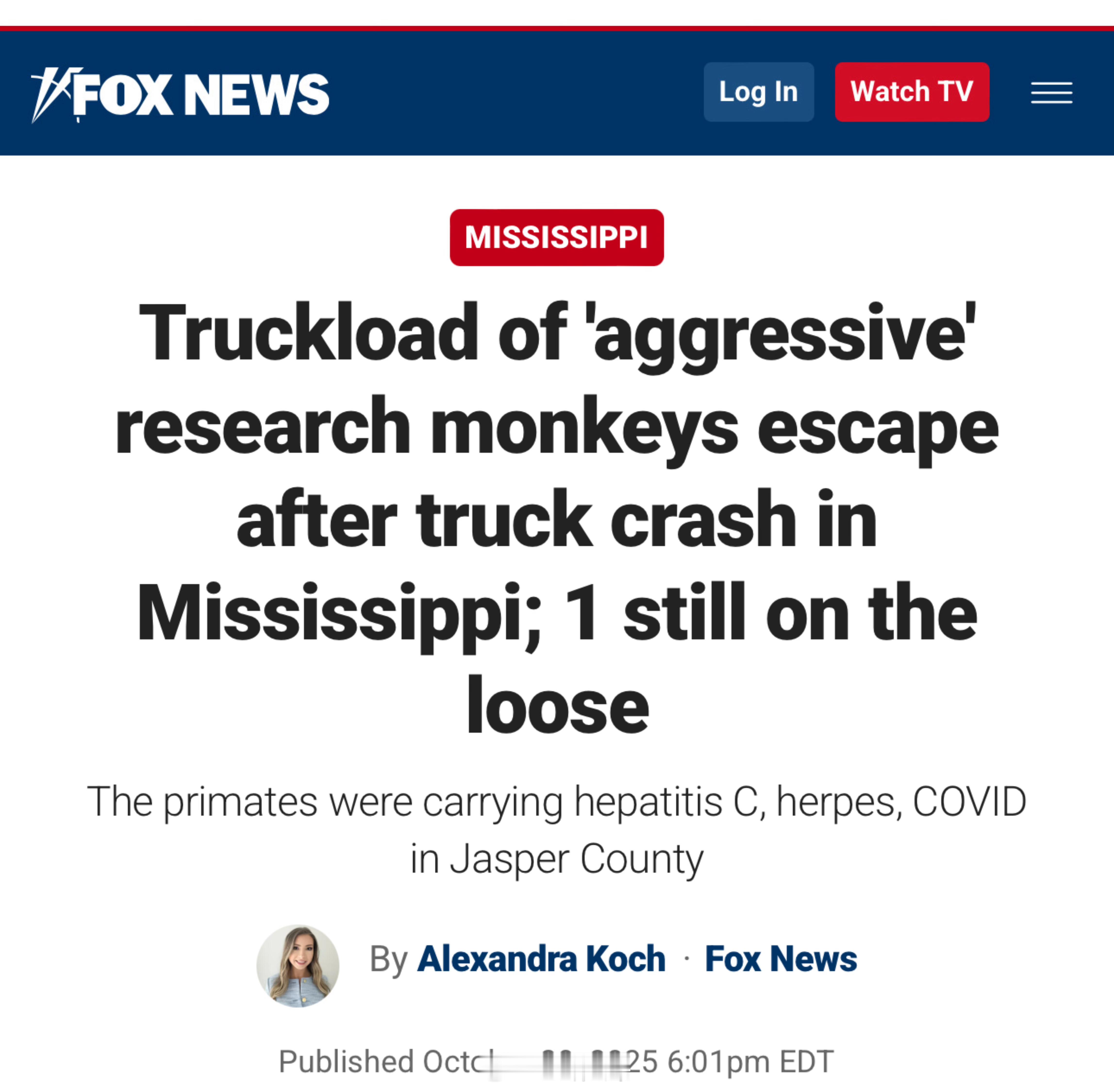 由于运输卡车翻车，美国密西西比有多只携带有丙肝、疱疹和新冠病毒的实验用恒河猴逃跑