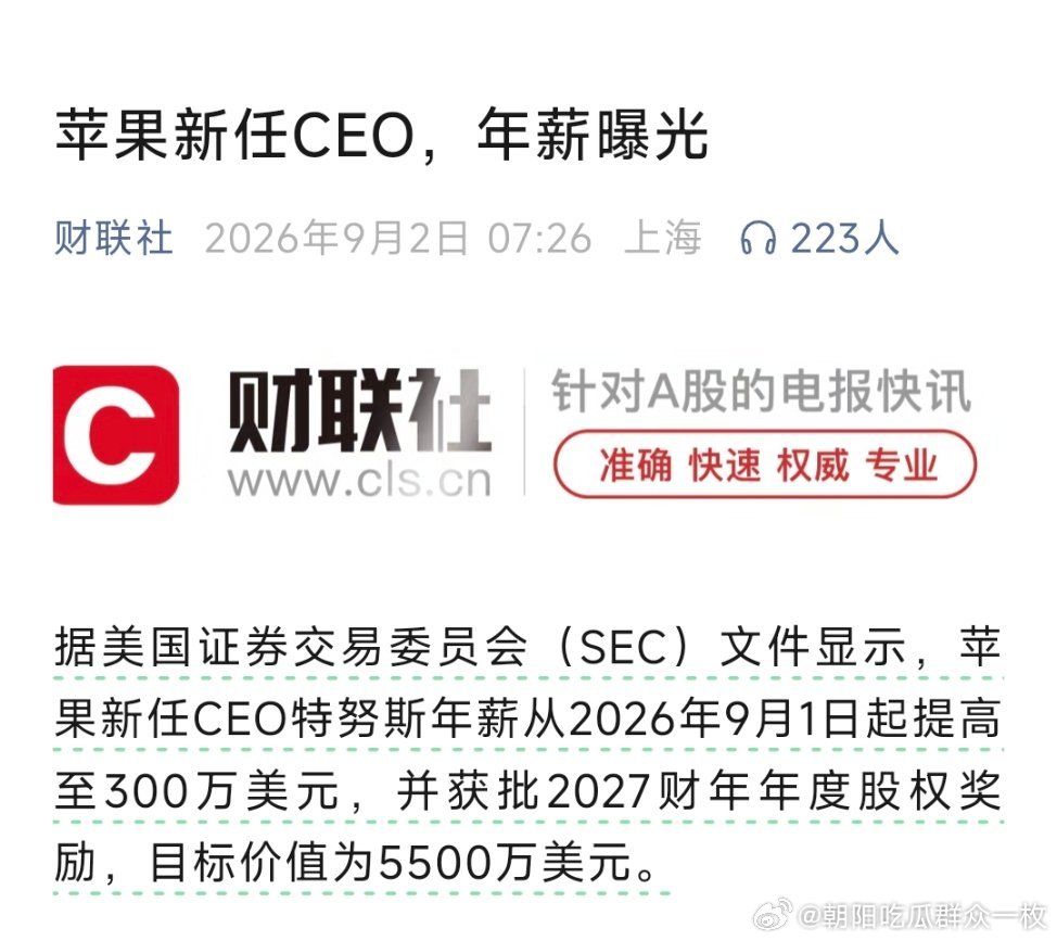 苹果新任CEO的年薪。 ​​​