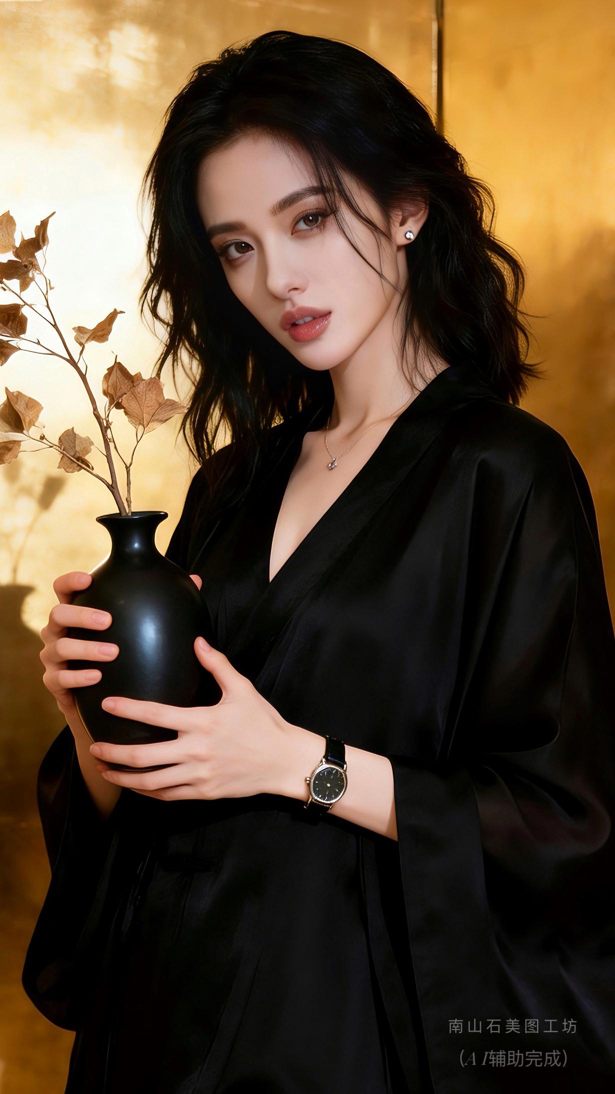 墨缎曳光，她拥黑陶瓶入怀，枯枝在金箔流光里凝作诗意。腕间时计轻诉优雅，颈间碎星点