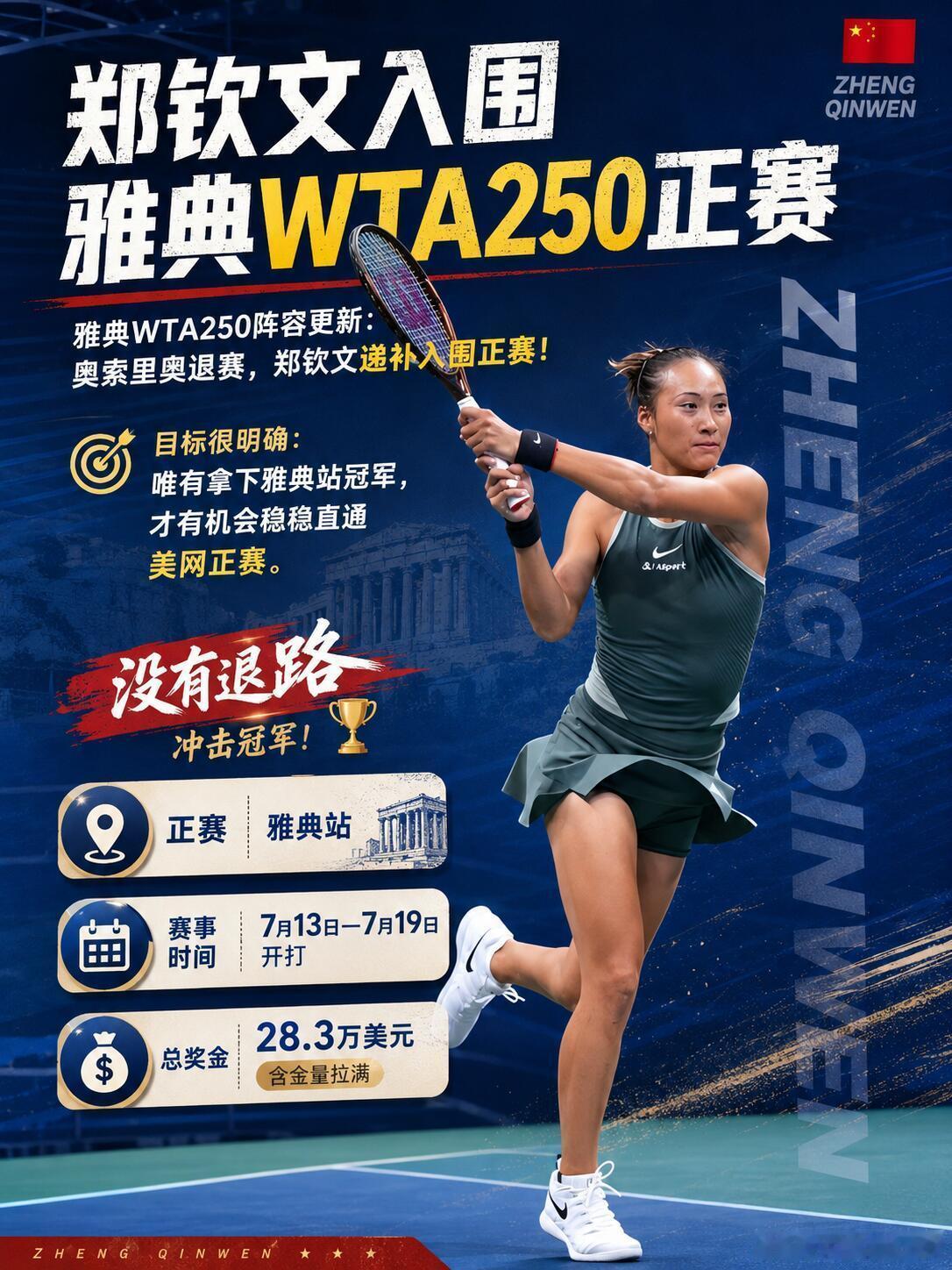 WTA250雅典站最新消息，随着奥索里奥退赛，郑钦文递补入围正赛。这是郑钦文下半