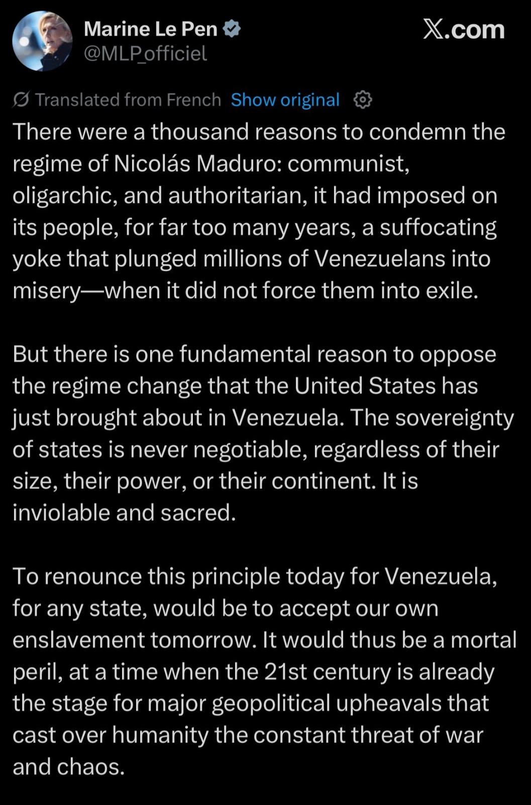 🚨🇫🇷🇻🇪 勒庞：“如果世界接受美国在委内瑞拉的所作所为，没有哪个国家