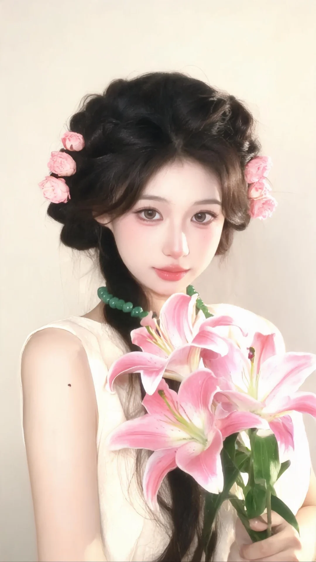 帮我生成图片：黑茶色复古风盘发编发（两侧饰粉色花朵），戴绿色珠链，绝色...