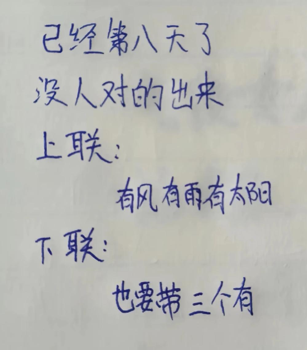 高难度对对联，肚子里没点墨水对不出来。
上联：有风有雨有太阳
注：下联也需要带有