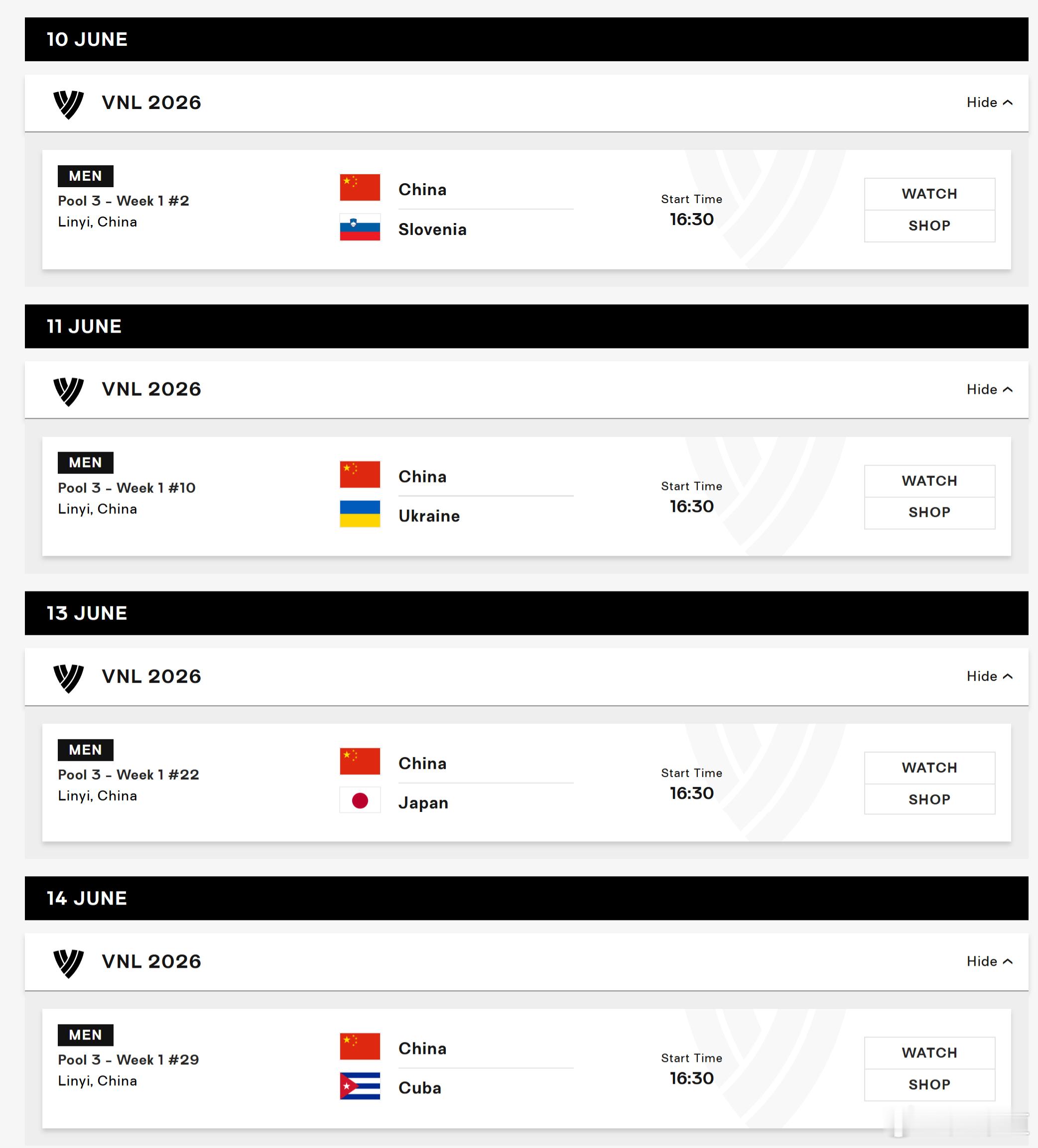 中国男排国际排坛动态中国男排2026VNL分站赛赛程第一周（中国临沂）6月10日