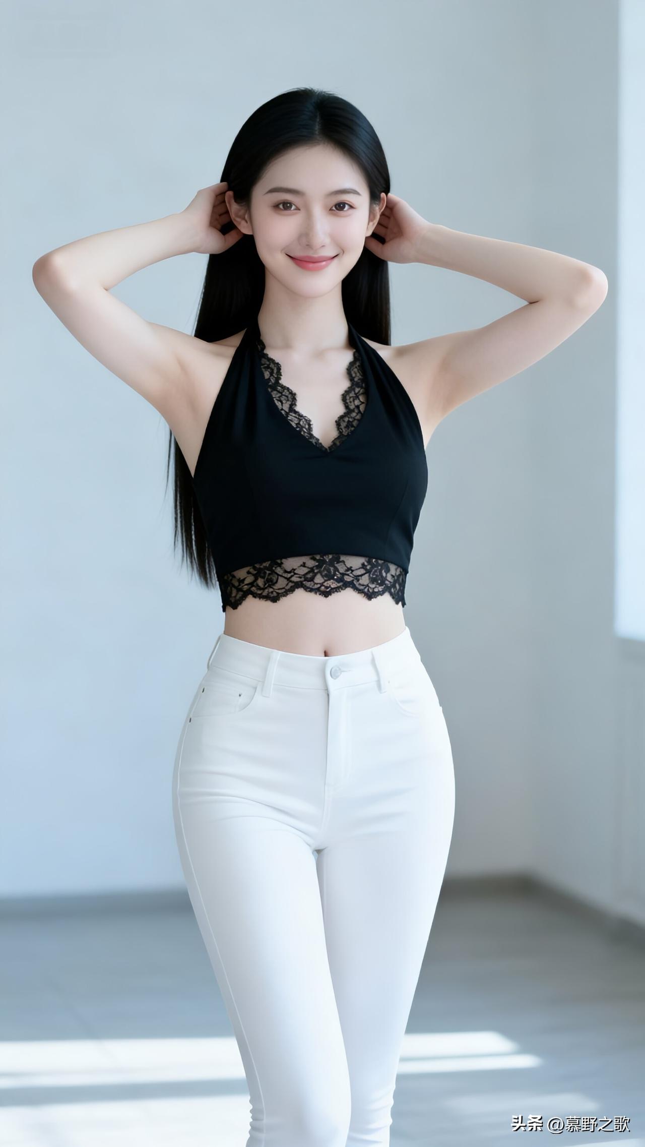 黑白搭配永远是时尚界的经典。黑色蕾丝吊带搭配白色紧身裤，简约中透着精致。站在明亮