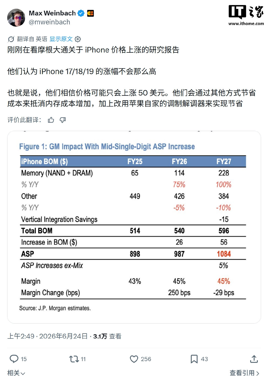 【摩根大通预估iPhone18Pro或温和涨价】iPhone18Pro系列涨价幅