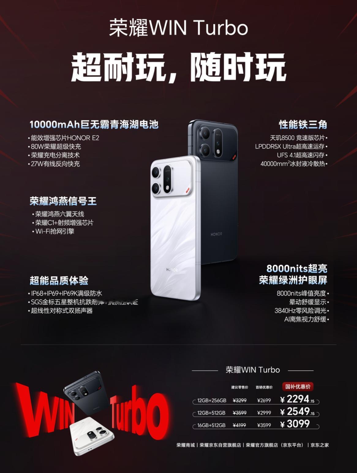 荣耀WIN Turbo登场了，最终定价是建议零售价3299元起，首销优惠价269