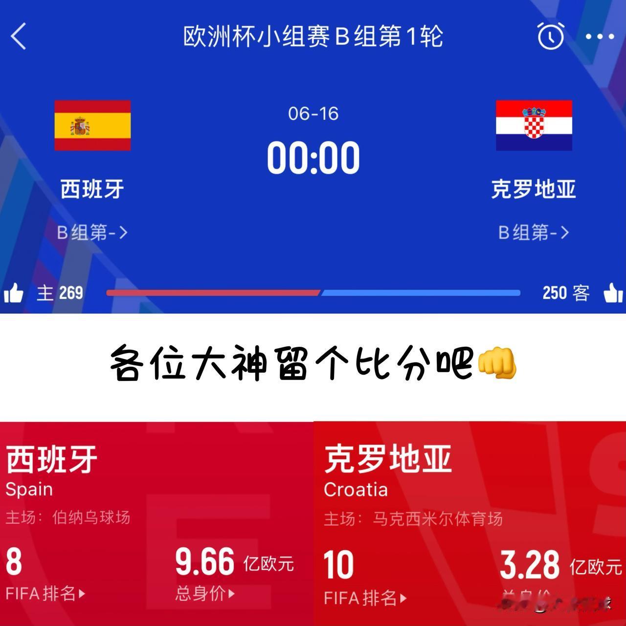欧洲杯死亡之组闪亮登场
今晚12点
B组第一轮首场对决：
西班牙🇪🇸VS克罗