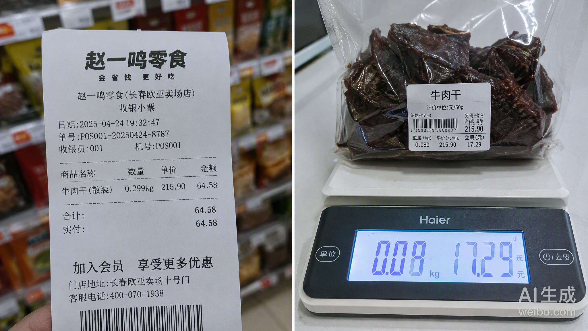 河北沧州一家赵一鸣零食店被曝卖出天价牛肉干，4块结账64元复称仅值17元。更让人