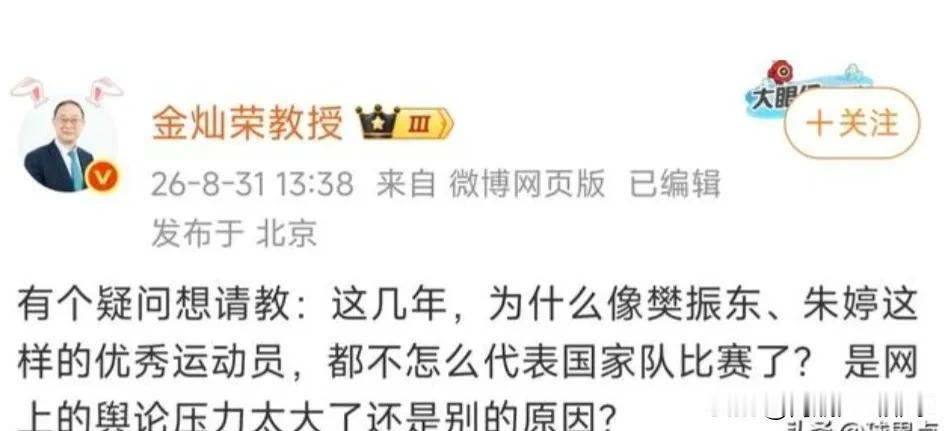 金灿荣教授下场“请教”：为什么像樊振东、朱婷这样的优秀运动员，都不怎么代表国家队