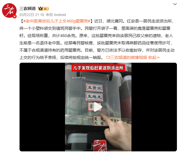 老中医离世后儿子上交460g罂粟壳退休老中医的罂粟壳遗物，揭开传统用药与现代法治
