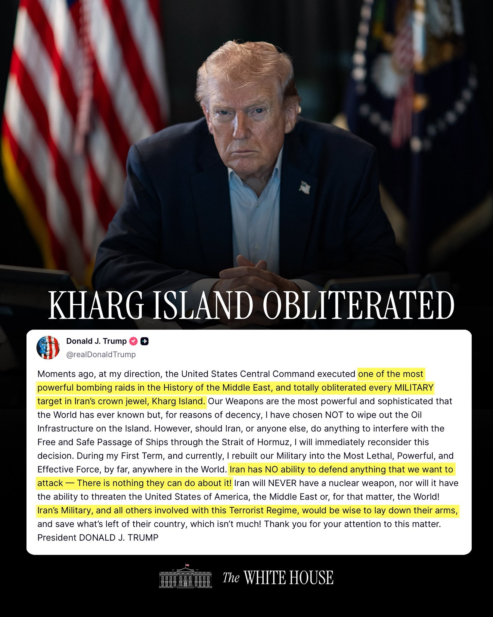 美国计划摧毁伊朗所有有威胁军事能力特朗普刚刚发帖，说炸了伊朗人的卡尔格岛！原油出