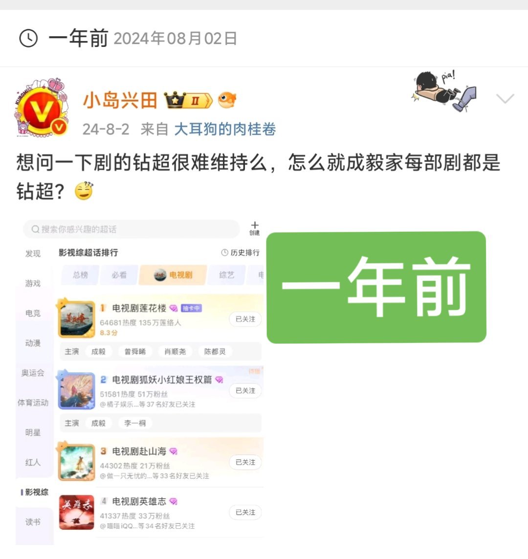 一年前的问题再问一遍——小岛兴田[超话]剧的钻超很难维持么，怎么就成毅家每部剧都