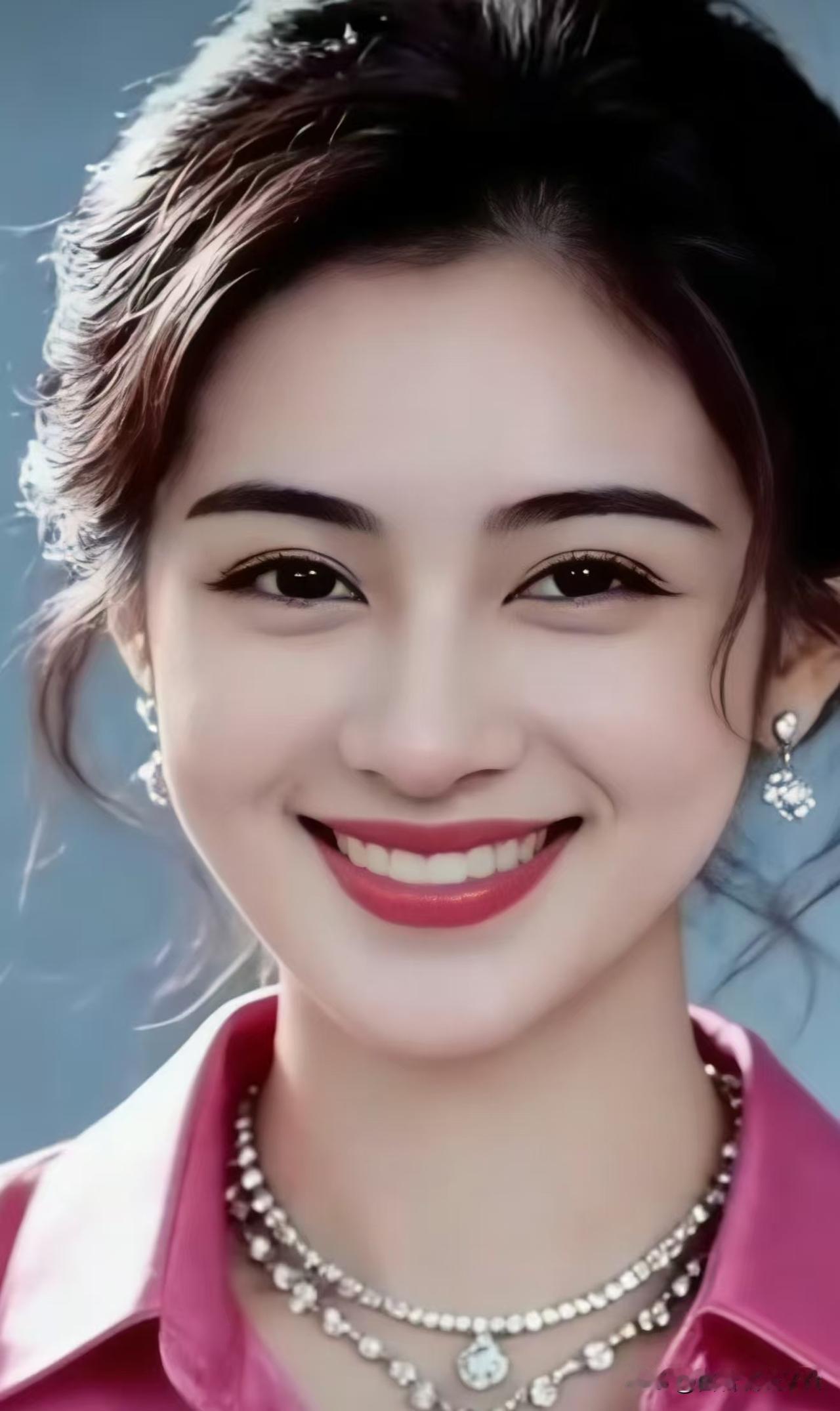 七绝·笑靥
 
鬓挽流云映粉妆，
明眸一笑胜春光。
珠辉流转添风韵，
不借丹青自