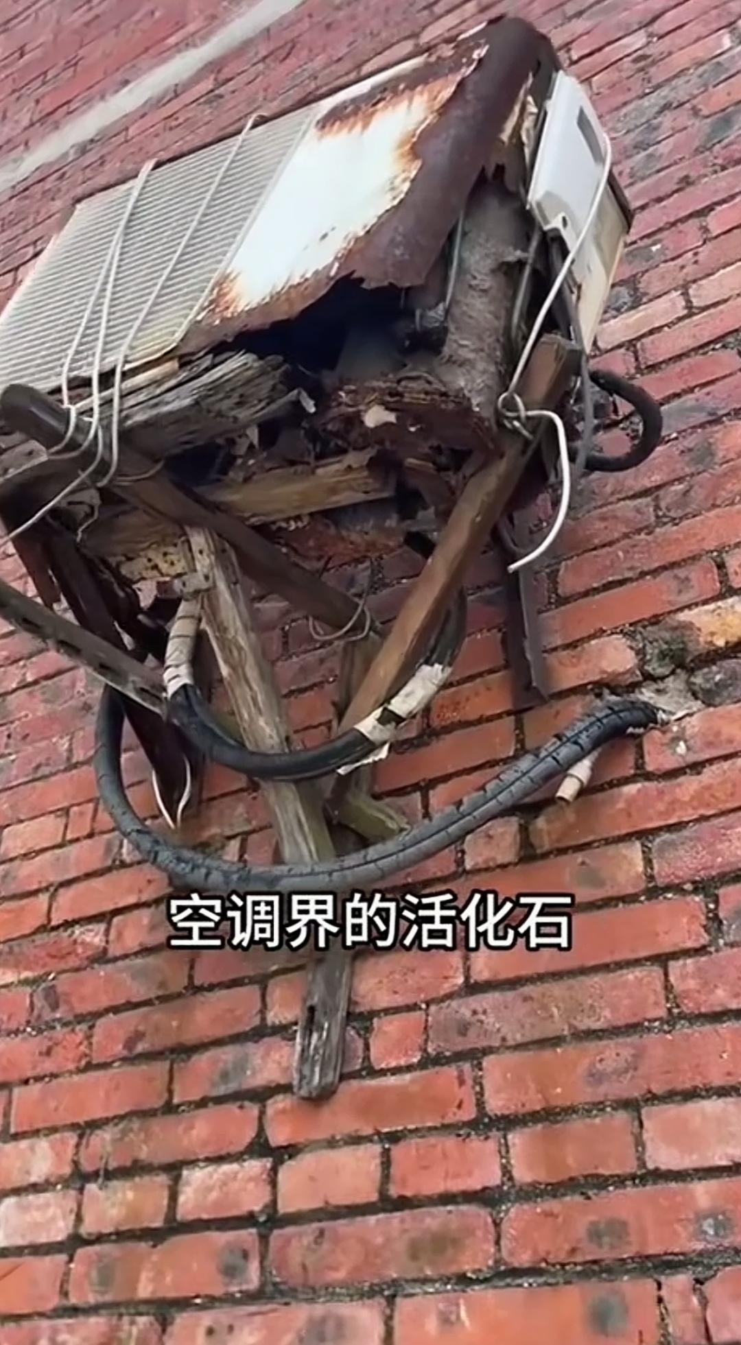 这台空调外机的外壳都快锈得散架了，居然还在运转，看来这个牌子的空调质量确实过硬！