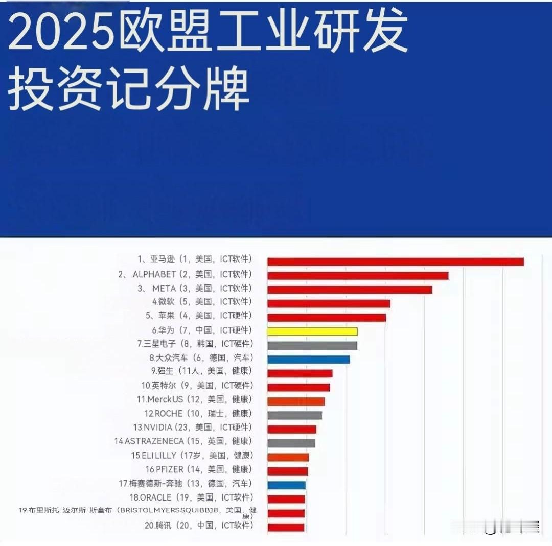 亚洲只有华为和三星？
   根据欧盟统计数据显示，《2025年全球研发投入百强企