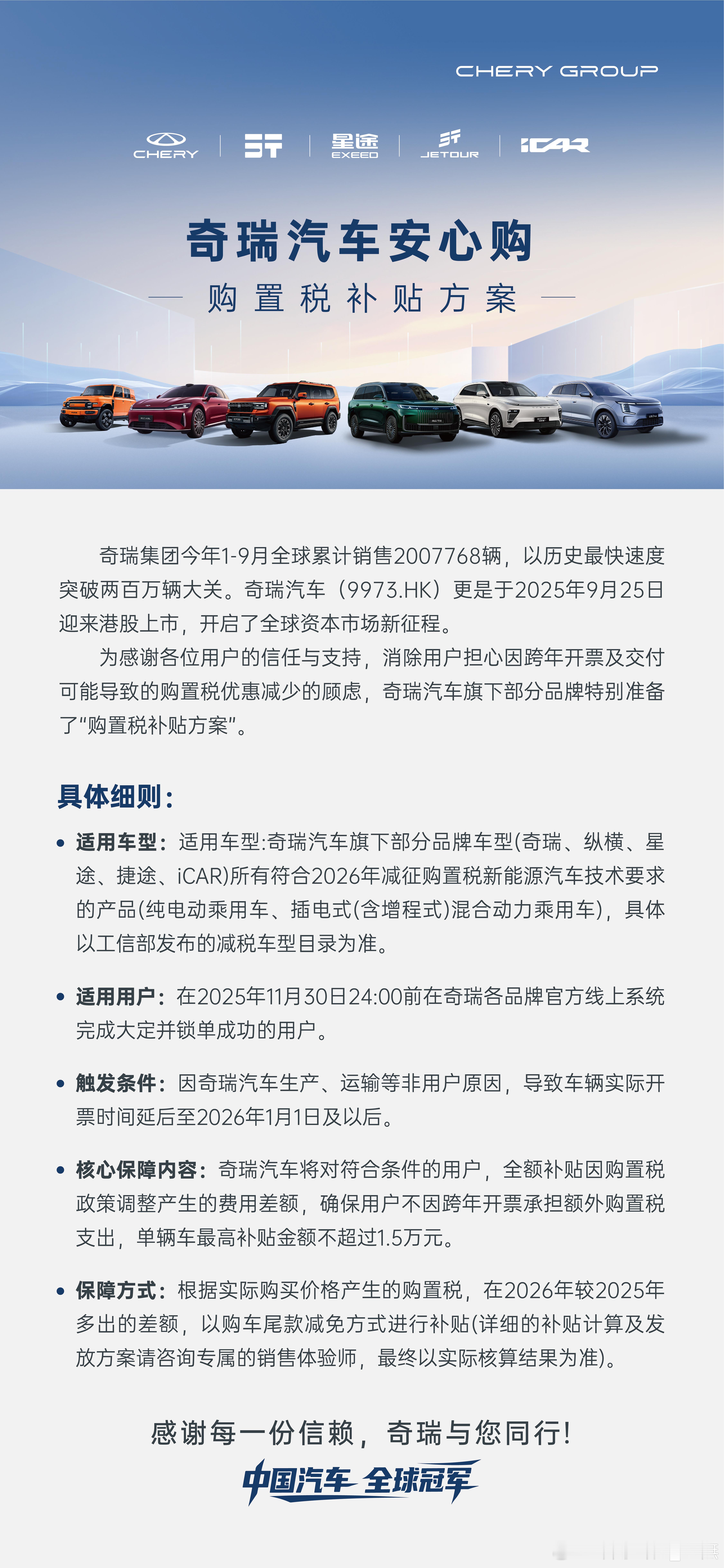 奇瑞汽车购置税「安心购」上线！真补贴，让您购车无忧，安心跨年奇瑞汽车中国汽车全球