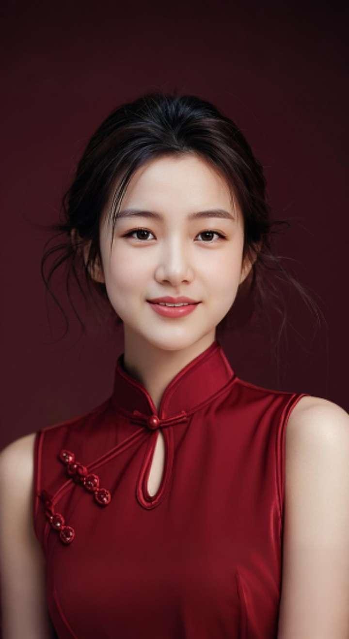 AI扩图 AI红裙浅笑