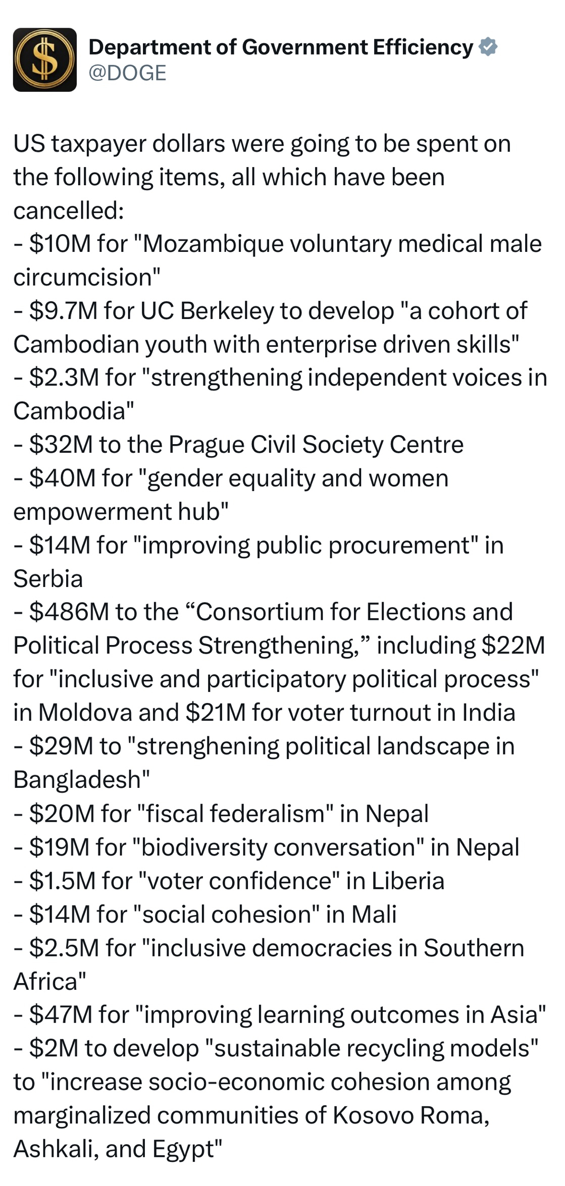 美国政府效率部发布，美国纳税人的钱本来将用于以下项目，但这些项目已经被取消：▶1