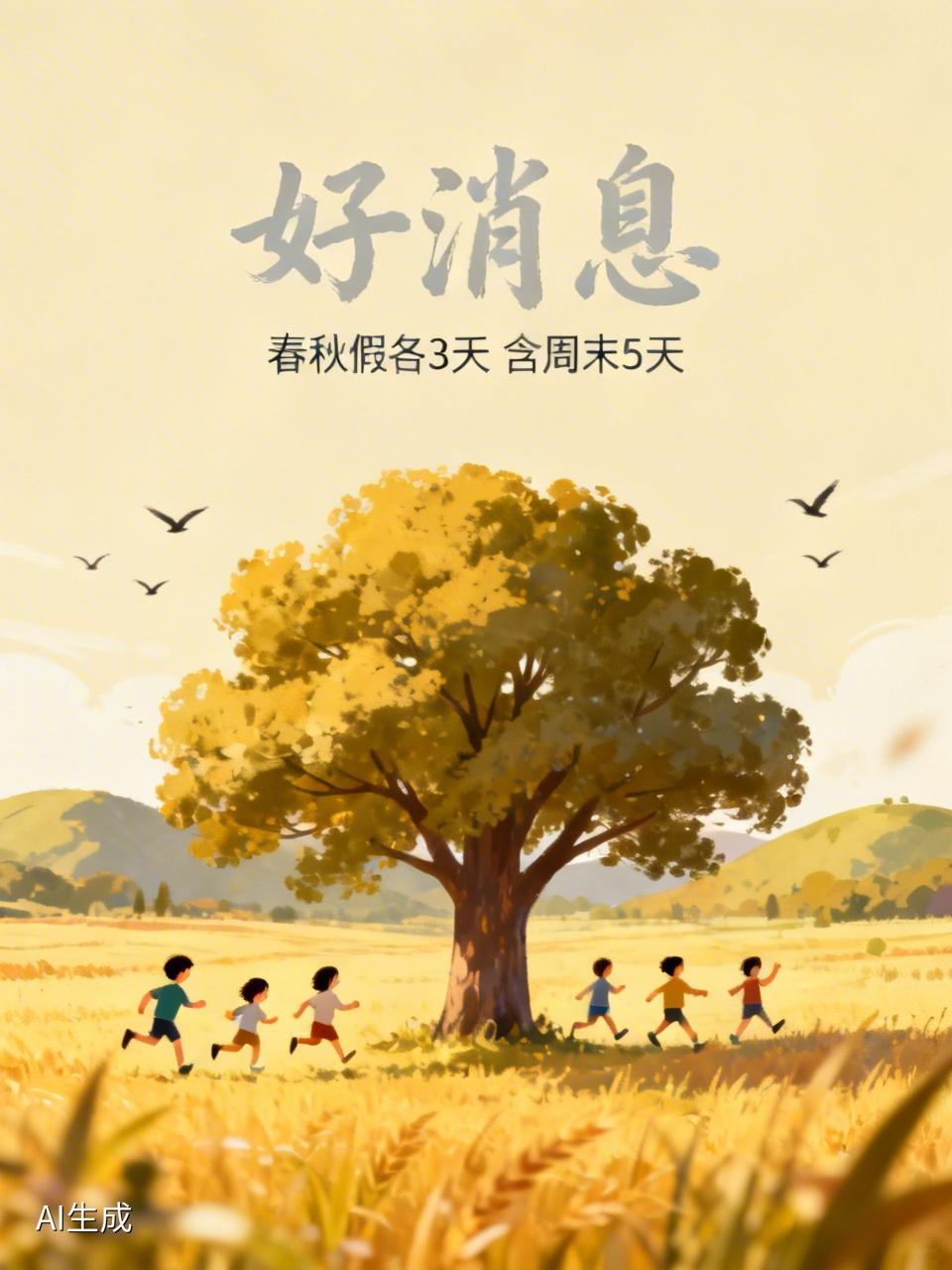 好消息。滨州学校要适行春秋假了，每年春天，秋天孩子们都有各三天假期，如果加上周末