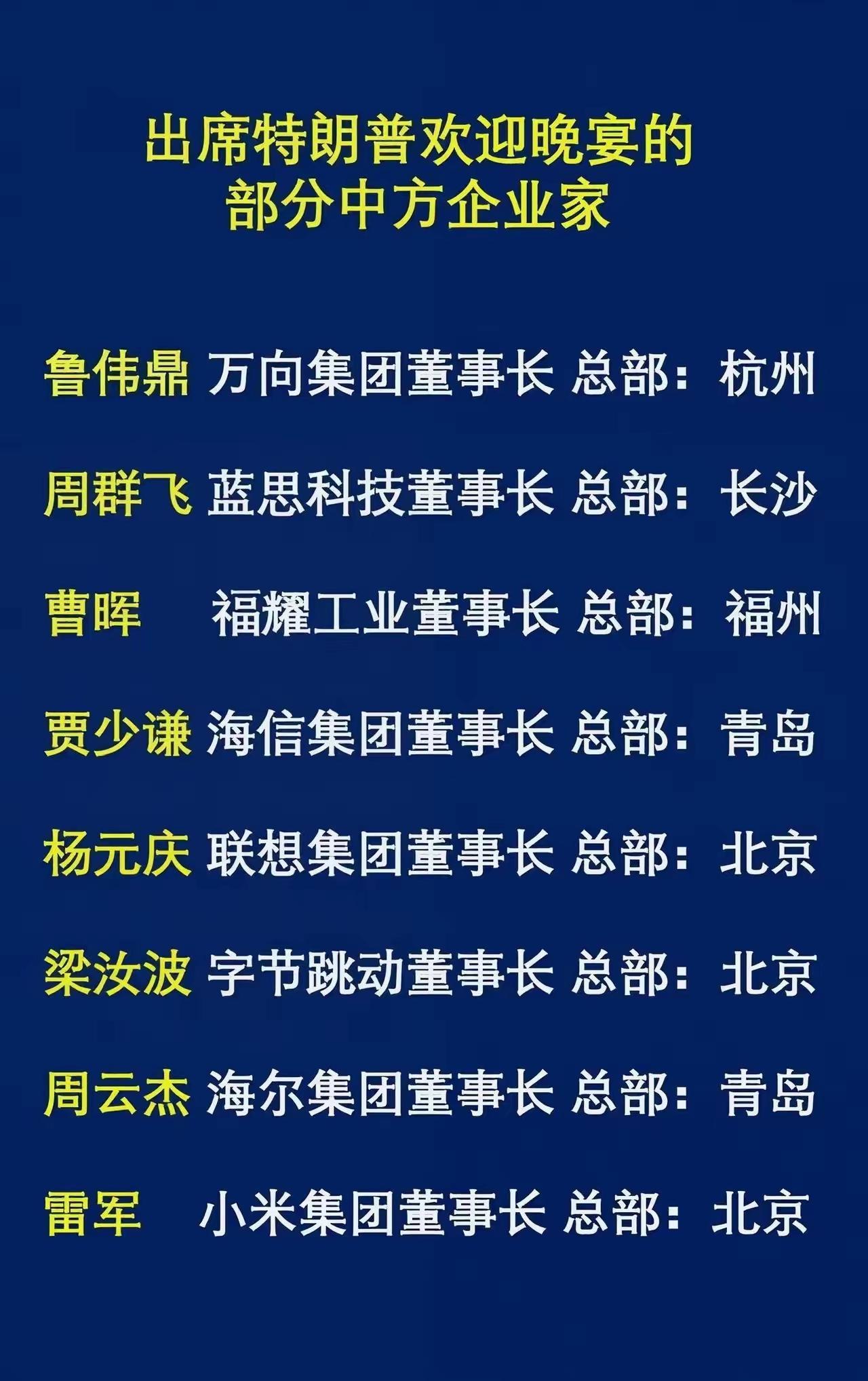 参加特朗普欢迎晚宴的中方企业家名单格外显眼，大部分人都是生面孔，个别企业虽然是老