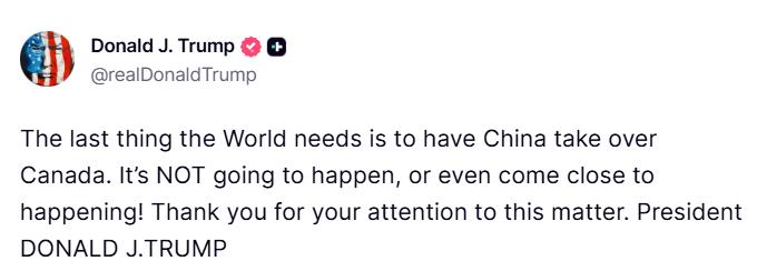特朗普是不是疯了？发文说:
世界最不希望看到的就是中国接管加拿大。这绝不会发生，