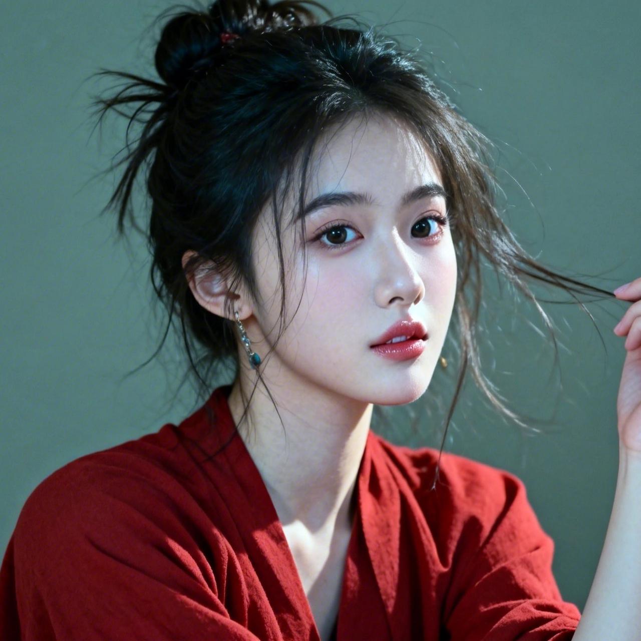 江南少女凌乱盘发碎发拂面，身着红色廓形衣立于灰绿哑光影棚，侧光打造电影光影，冷白