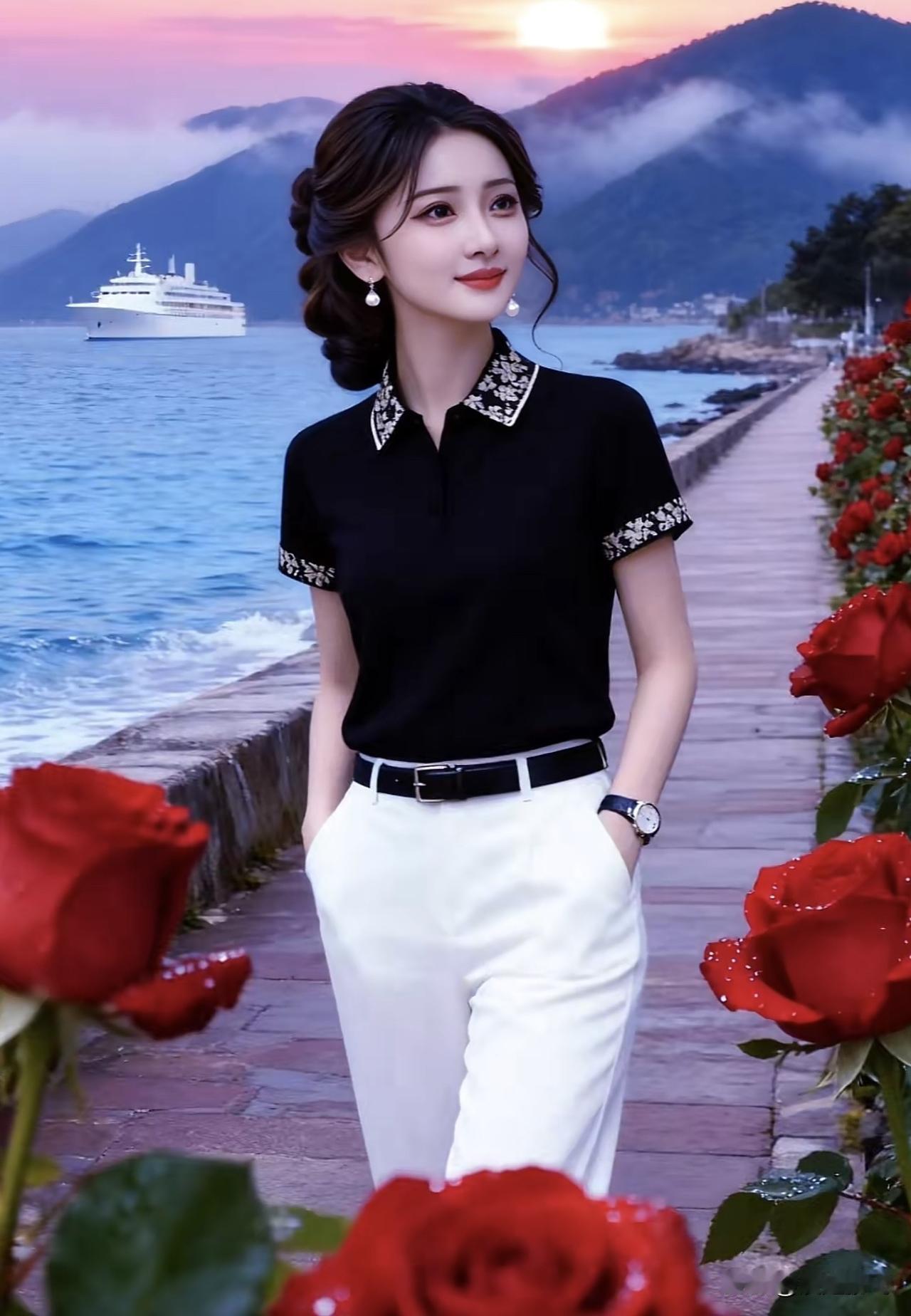 海边漫步，红玫瑰相伴，优雅黑衣与白裤的完美搭配，尽显时尚与自然之美。黑裙白衬衫穿