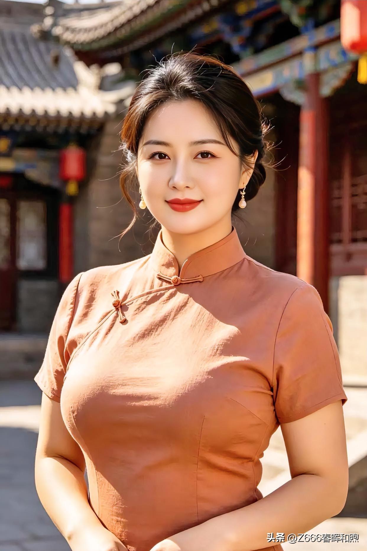 暖橘旗袍映古檐，笑意温婉流转，东方气韵在光影中静静绽放。