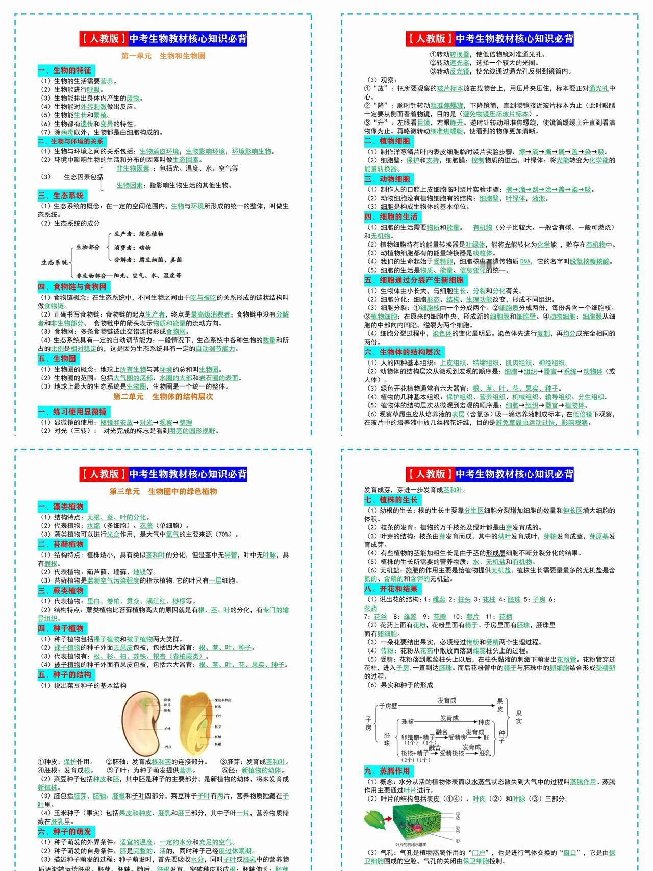 【人教版】中考生物教材核心知识必背