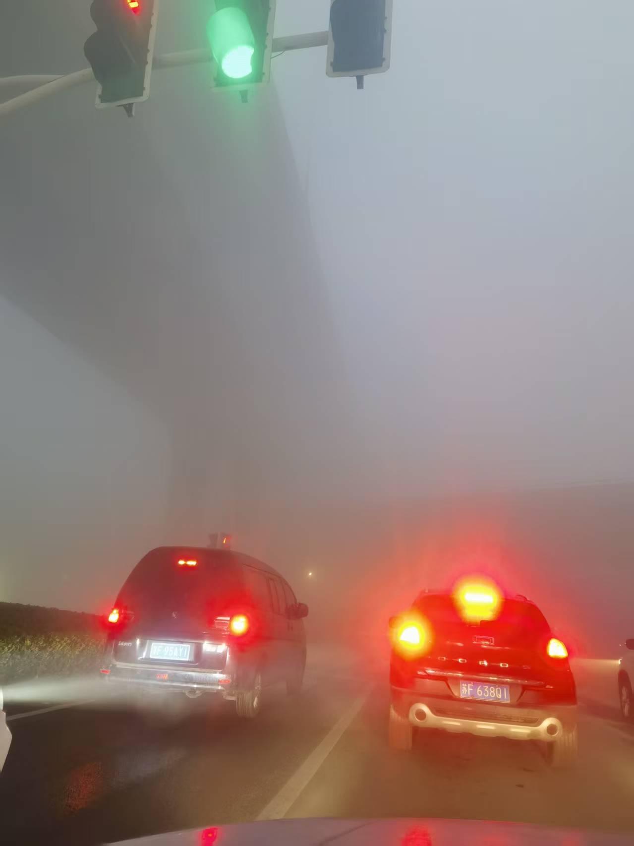 今天早上遇到能见度差不多只有5米内的大雾，车速只有10码，都开着双闪！

好多车