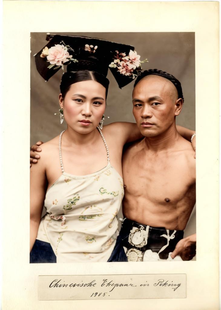 1905年，北京，一名女子穿着肚兜的贴身衣物，与一名赤裸上身的男子亲昵地搂在一起