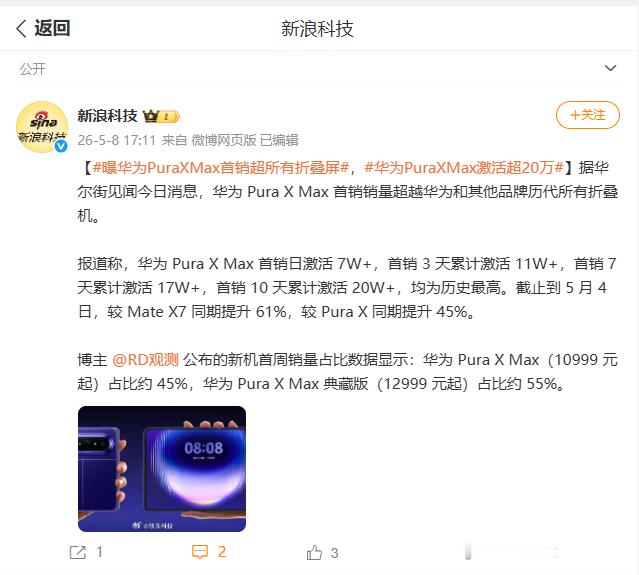 曝华为PuraXMax10天销量突破20万台折叠屏的终极答案，是“变大”还是“变
