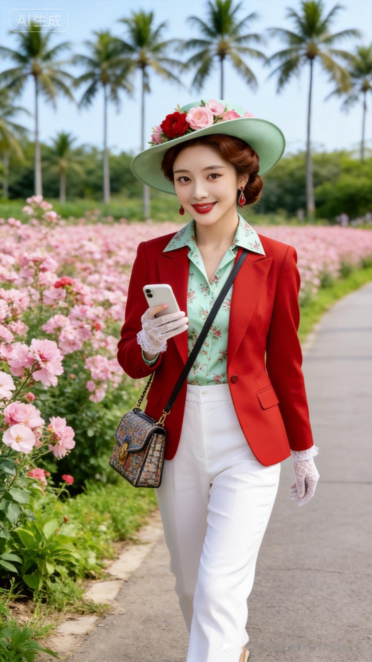 优雅漫步在花海中，红衣绿裙，尽显春日风情！🌸💃🏻